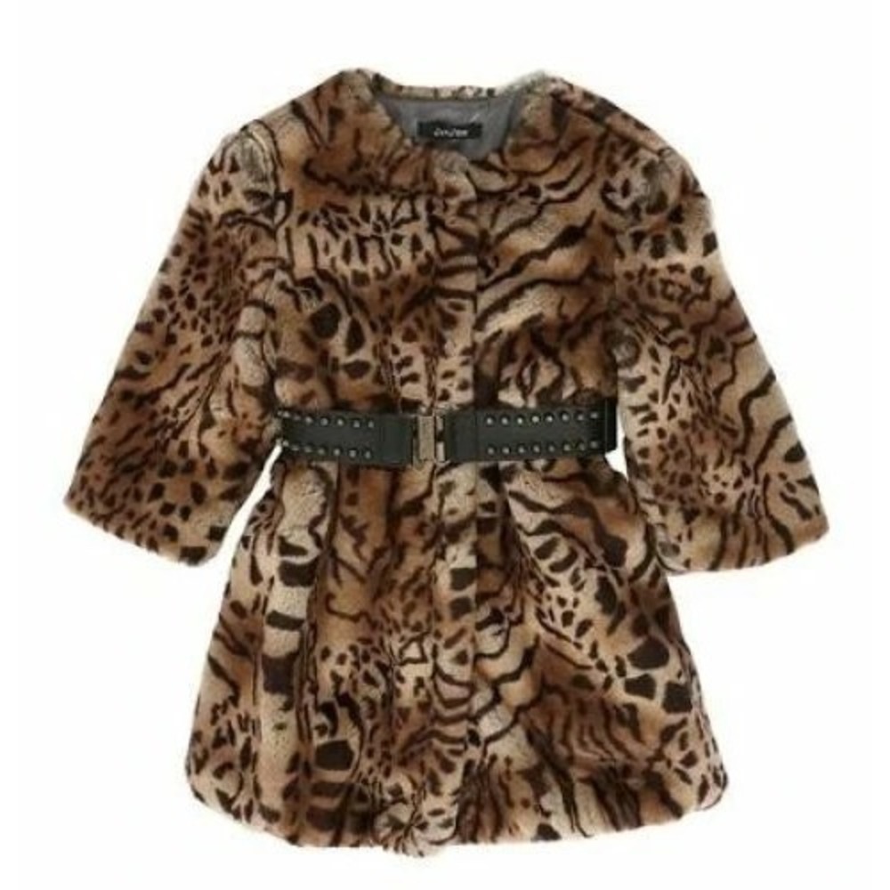 JAKIOO by MONNALISA Girls L Leopard Plush Faux Fur Belted Dress Coat Winter